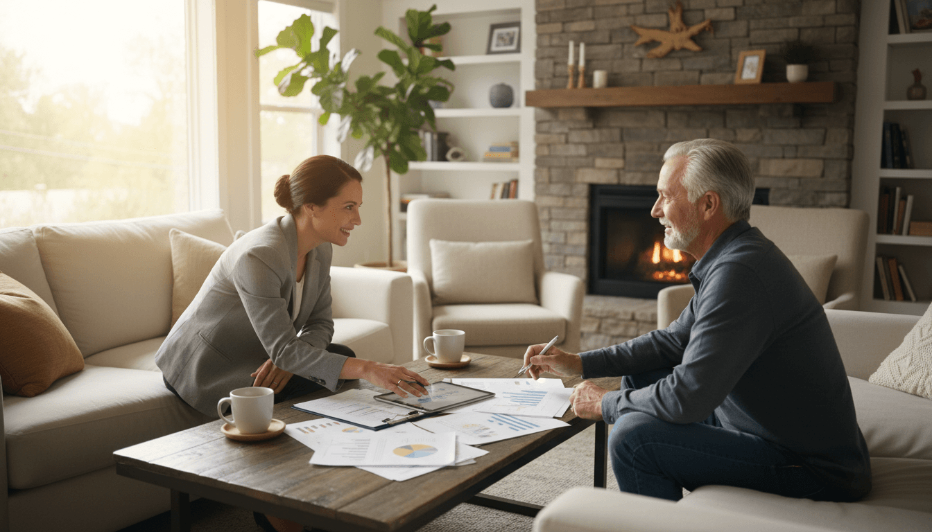 A calm professional sitting with a client at a table with paperwork and a notary stamp