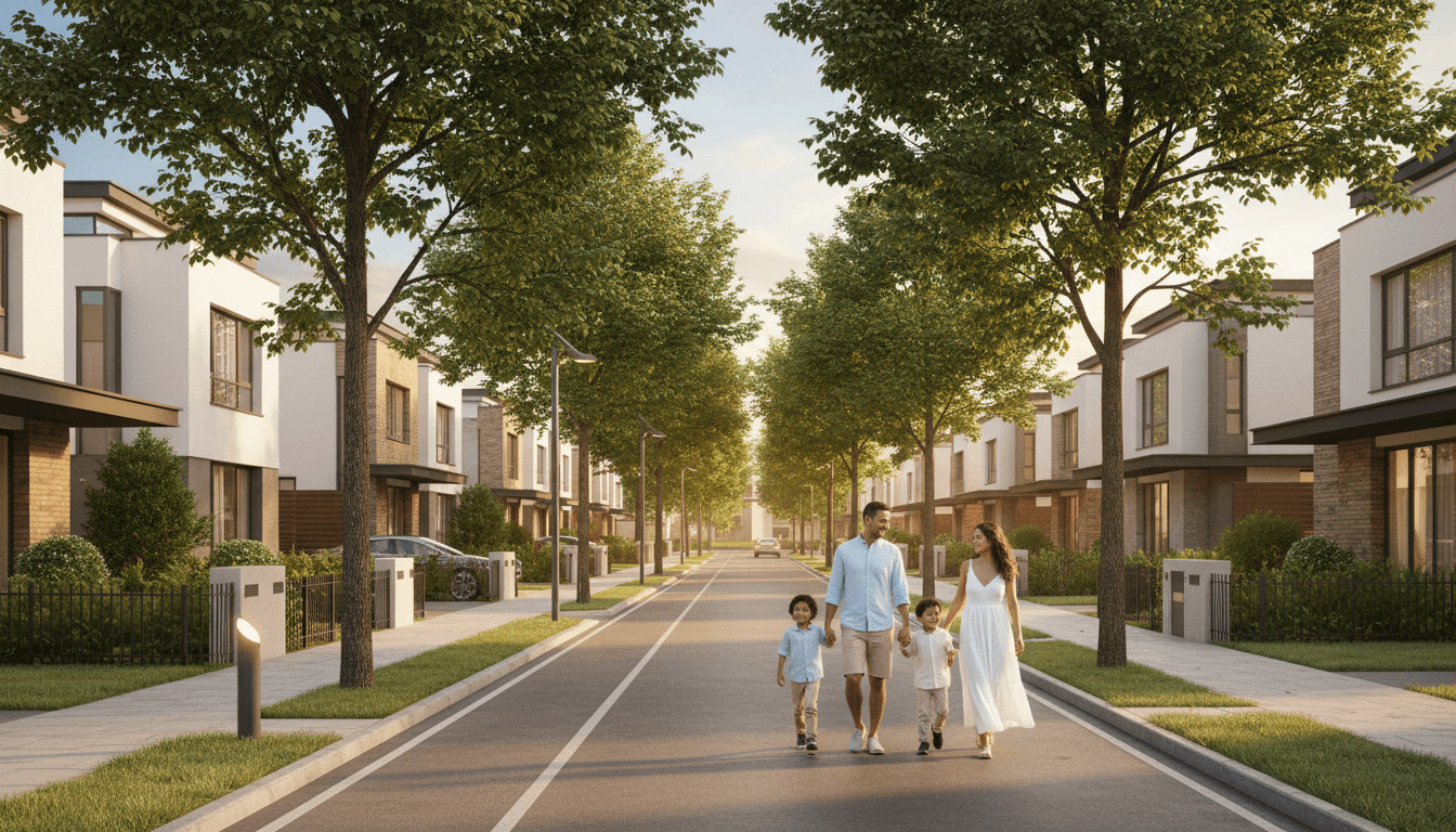 Suburban residential neighborhood with tree-lined streets and modern homes under clear blue sky