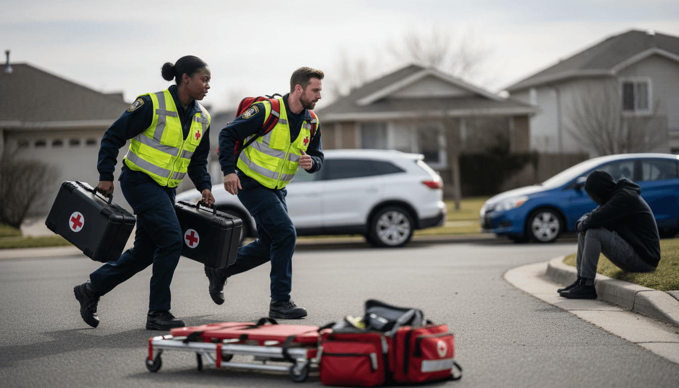 Person on sidewalk after being struck by vehicle, emergency responders in background, urban setting