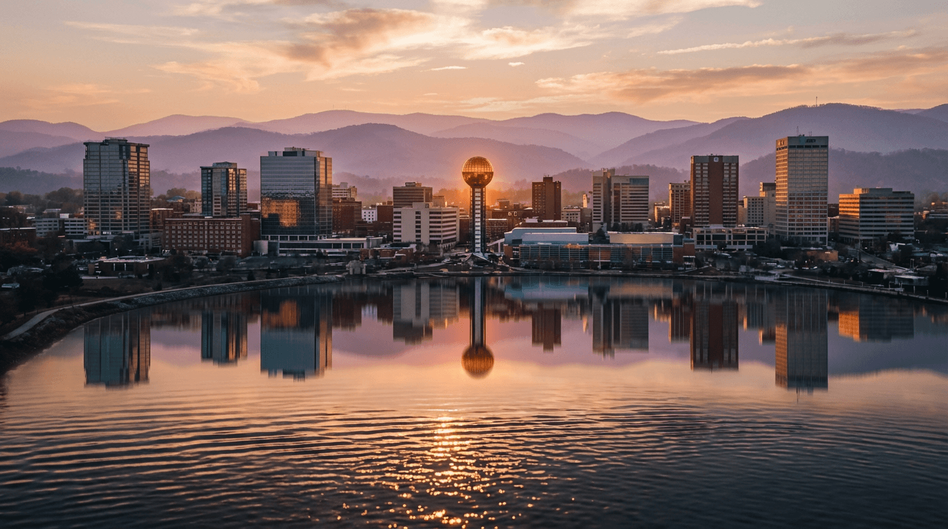 Downtown Salt Lake City skyline at dusk with warm city lights reflecting off modern buildings and mountains in background